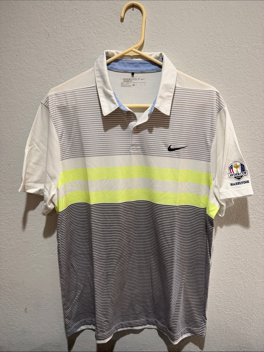 Nike Men’s White, Gray & Neon Yellow Striped Golf Polo 2016 Ryder Cup